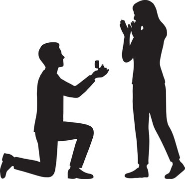 Black and white A silhouette of a man proposing to a woman on one knee, offering a ring in a box, capturing a moment of romantic proposal and anticipation. Illustrator Design icons