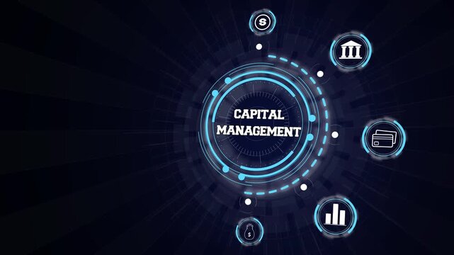 Digital hud interface evaluating corporate capital management and strategic fund allocation on dark background