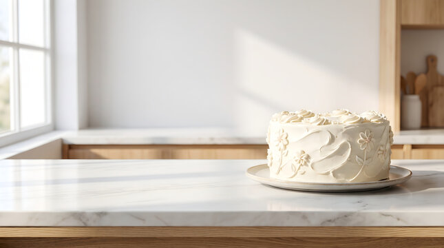 A beautiful white cake decorated with zglace italienne on a marble countertop in a bright kitchen