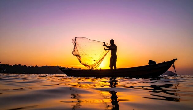 Fisherman casting net from boat at sunset silhouette