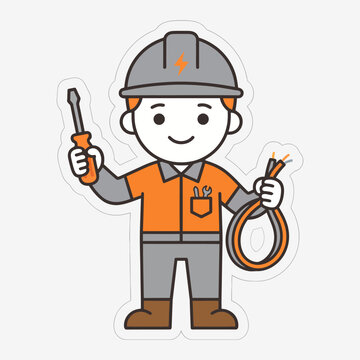 Cute electrician wearing hardhat helmet holding screwdriver and electrical cable. Flat sticker vector for electrical repair service, maintenance technician, and home service.