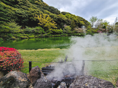 The city of Beppu in Japan, famous for its many hot springs