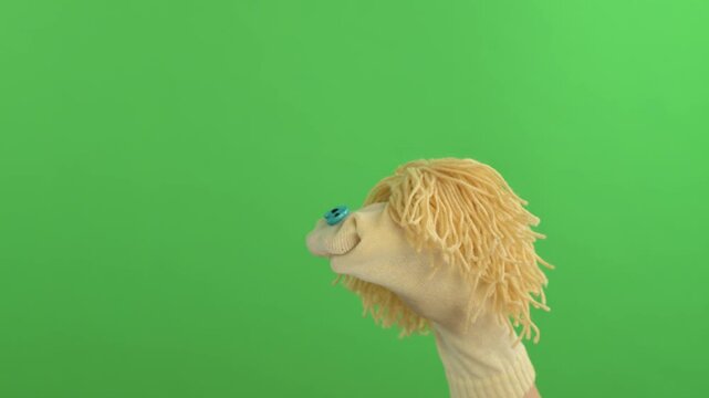 Funny sock puppet walking, talking and smiling 