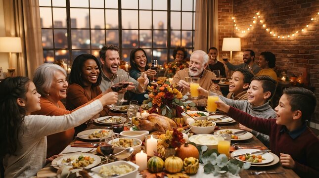 A warm and joyful thanksgiving gathering family friends and delicious food celebrating together in a cozy home setting