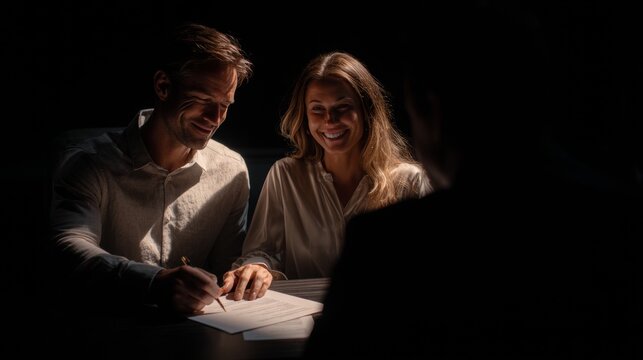 Couple signs documents in a dimly lit room during a meeting with another person