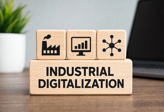 Wooden blocks illustrating industrial digitalization with factory computer and network icons on a desk