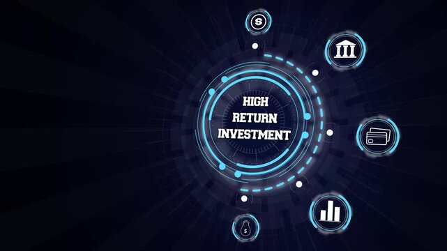 High return investment strategic concept visualized on interactive cybernetic interface featuring glowing financial icons
