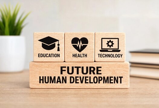 Wooden blocks illustrating key pillars of future human development with icons for education health and technology