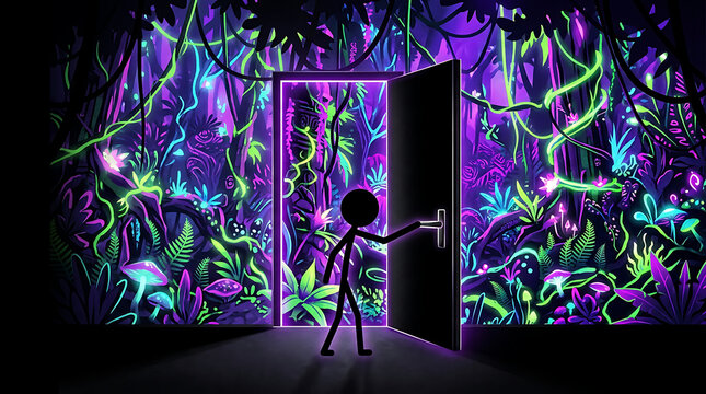Stick figure opening a neon door to a mysterious glowing forest portal