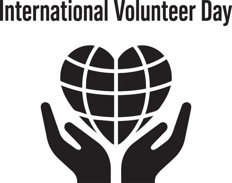 International Volunteer day logo  human hands holding a heart shaped globe and a world map logo
