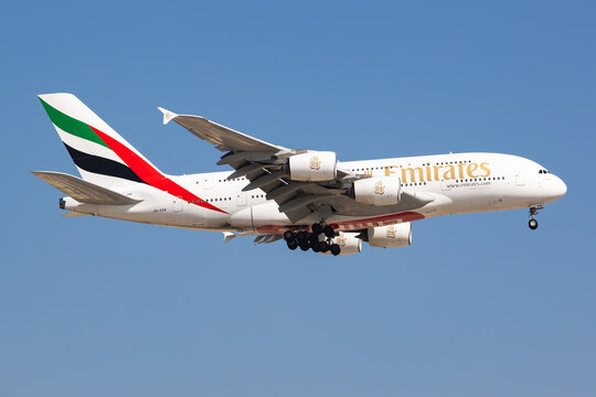 Emirates Airbus A380 (A6-EEM) landing at Dubai International Airport on November 23, 2025 in Dubai, UAE