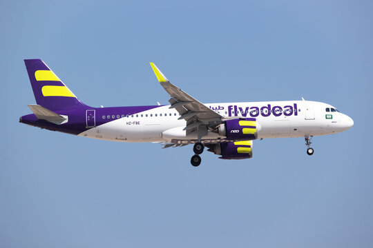 flyadeal Airbus A320 NEO (HZ-FBE) landing at Dubai International Airport on November 23, 2025 in Dubai, UAE
