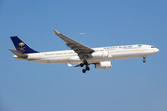 Saudia Airbus A330-300 (HZ-AQ20) landing at Dubai International Airport on November 23, 2025 in Dubai, UAE