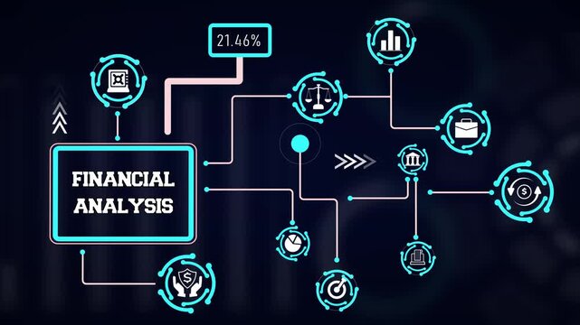 Digital corporate research motion background featuring financial statement metrics, market trend indicators, and stock data lines