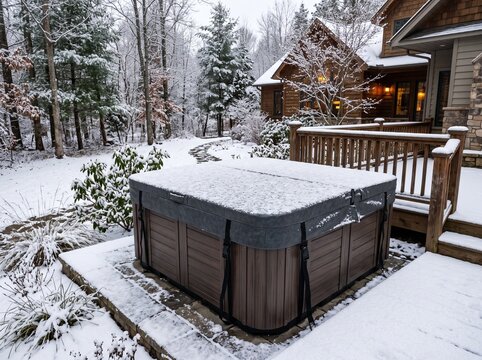 Insulated Hot Tub Cover Secured Before Winter Freeze