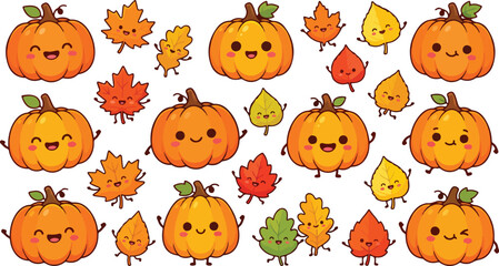 Obraz premium 3D Cartoon Autumn Pumpkins and Leaves Set