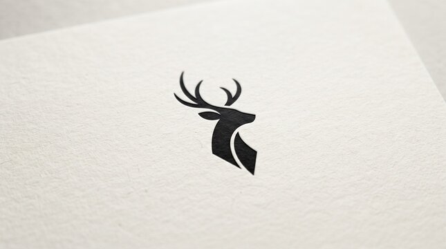 Minimalist black deer head logo printed on textured white paper card for branding mockup