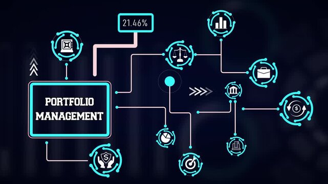 Modern portfolio balancing visual showcasing asset distribution nodes, equity growth charts, and corporate risk assessment tools