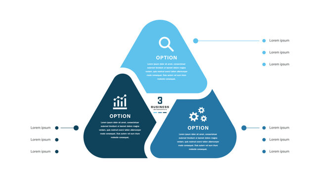 Three option triangular business infographic with connected segments icons and central text for modern presentation and corporate templates