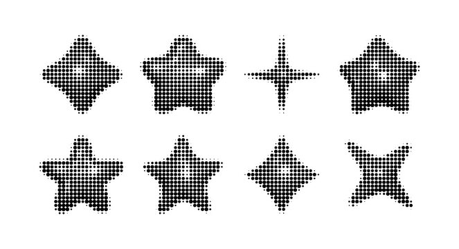 Dotted halftone star sticker set of 8 black dot texture sparkle shapes, monochrome four pointed star, diamond and twinkle decoration element collection isolated on transparent background