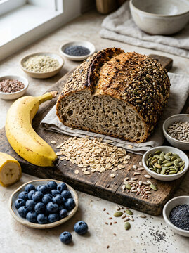 Freshly baked multigrain bread loaf with banana, blueberries, and assorted seeds on a rustic wooden board.