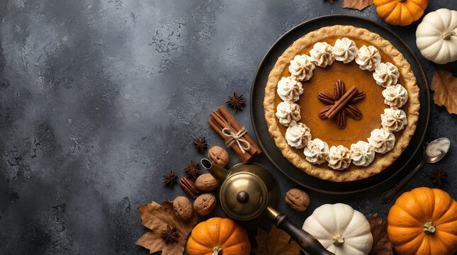 A beautiful thanksgiving still life featuring a pumpkin pie adorned with delicate white marshmallows and an assortment of autumn gourds