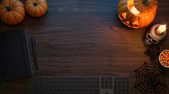 Top view of Halloween themed office workspace with glowing pumpkin skull candle notebook and computer keyboard on dark wooden desk background