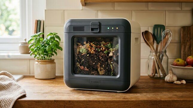 Modern kitchen composter appliance filled with food scraps on a wooden countertop