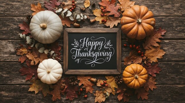 A warm and festive thanksgiving still life featuring pumpkins gourds and autumn leaves on a rustic wooden background