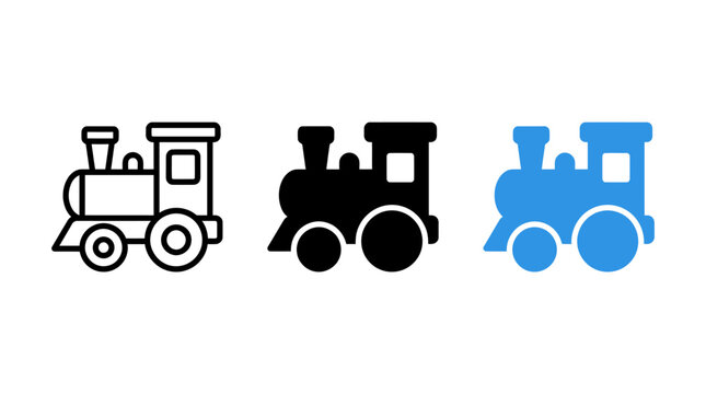 Set of toy train icon designs featuring locomotive and vintage steam engine