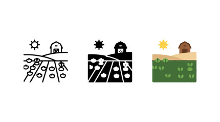 Fototapeta premium Set of Agricultural Farm Field Icons Featuring Vegetables and Rural Barns