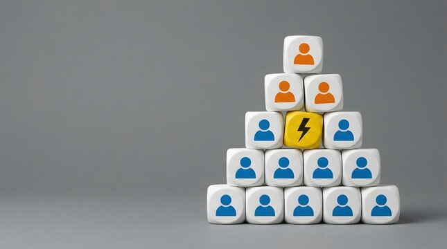 Pyramid hierarchy of user icon blocks featuring a yellow lightning bolt symbolizing disruptive leadership and innovation catalyst in corporate team