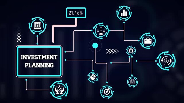 Strategic capital investment planning design showcasing portfolio creation routes, expected yield stats, and funding milestone nodes