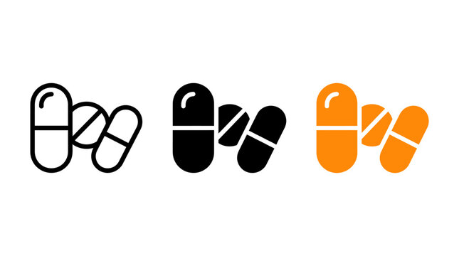 Set of Pharmaceutical Vitamin Pills Capsule Icons in Three Graphic Styles