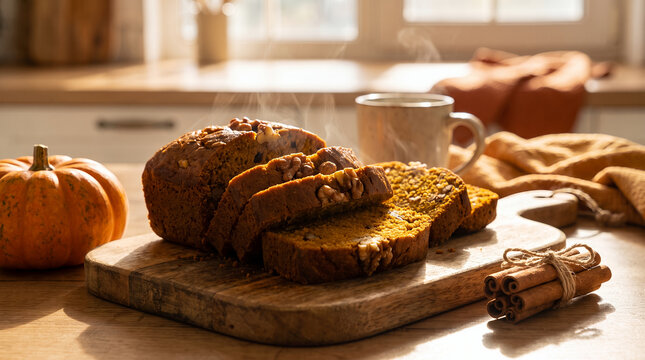 Sliced pumpkin bread with steaming coffee and autumn decor  