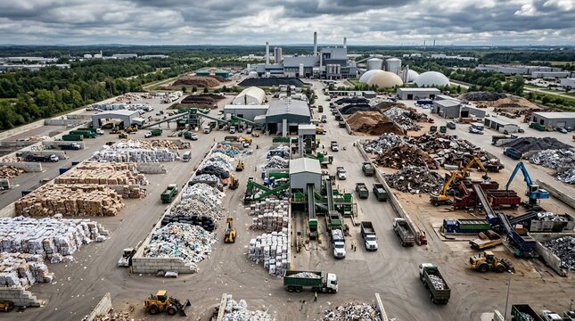 Vast industrial recycling yard processing immense quantities of sorted waste materials with heavy machinery and trucks