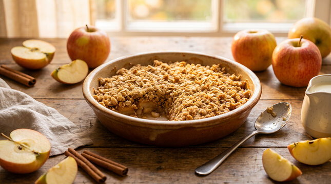 Apple crumble dessert in a baking dish with fresh apples and cinnamon  