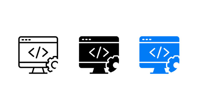 Set of Web Development Computer Monitor Icons Featuring Coding Gear Symbols