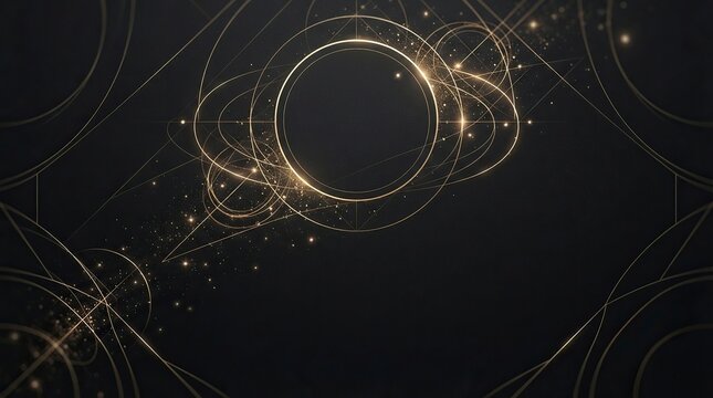 Luxurious Abstract Golden Sacred Geometry Background with Glowing Circles, Particles and Light Trails