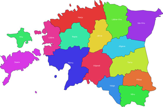 Vibrant Infographic Map of Estonia with Administrative Borders - Harju, Hiiu and Ida-Viru Vector Illustration