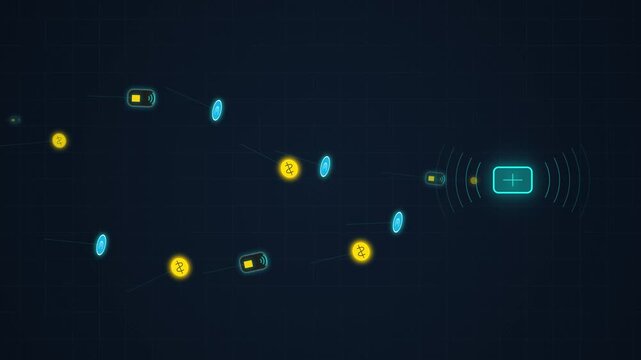 Abstract digital finance motion graphic featuring glowing coins, credit cards, and contactless payment signals on dark grid, 4K UHD video, fit for e-commerce website headers or banking ads.