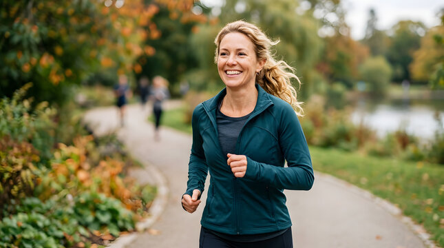 Happy Middle Aged Woman Jogging in a Scenic Park During Autumn Season, Promoting Healthy Active Lifestyle and Outdoor Fitness Routine
