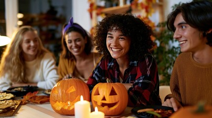 Fototapeta premium Group of young adults celebrating Halloween with pumpkins