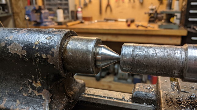 Metal workpiece secured by a tailstock center on an old manual lathe in a turning workshop