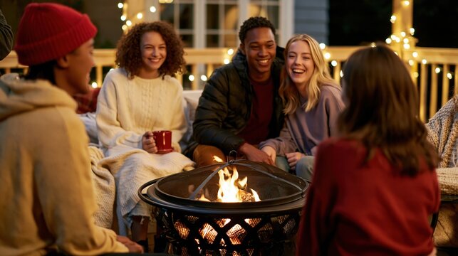 Group of four young adults enjoying fire pit in cozy setting
