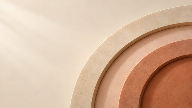 Minimalist abstract background with concentric circular arches in earth tones and soft warm sunlight shadows for product presentation