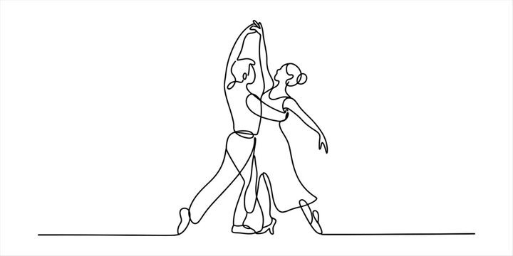 Continuous single line drawing of a man and woman dancing together in a romantic ballroom style showing elegance and grace in a simple minimalist art design