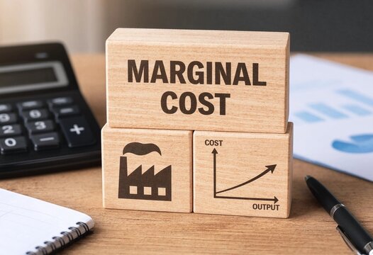 Marginal cost concept illustrated with wooden blocks showing factory output and cost increase on wooden desk