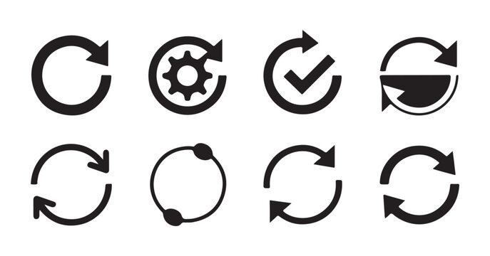 Collection of circular arrow icons representing refresh, reload, process, and synchronization functions.