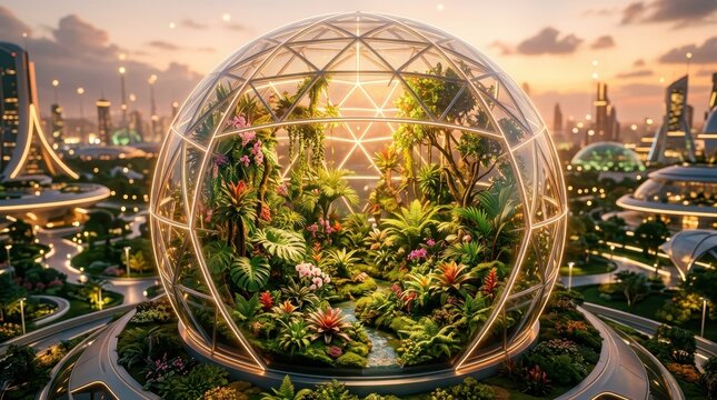 Lush Tropical Biodome with Exotic Plants and a River Amidst a Sunset Cityscape